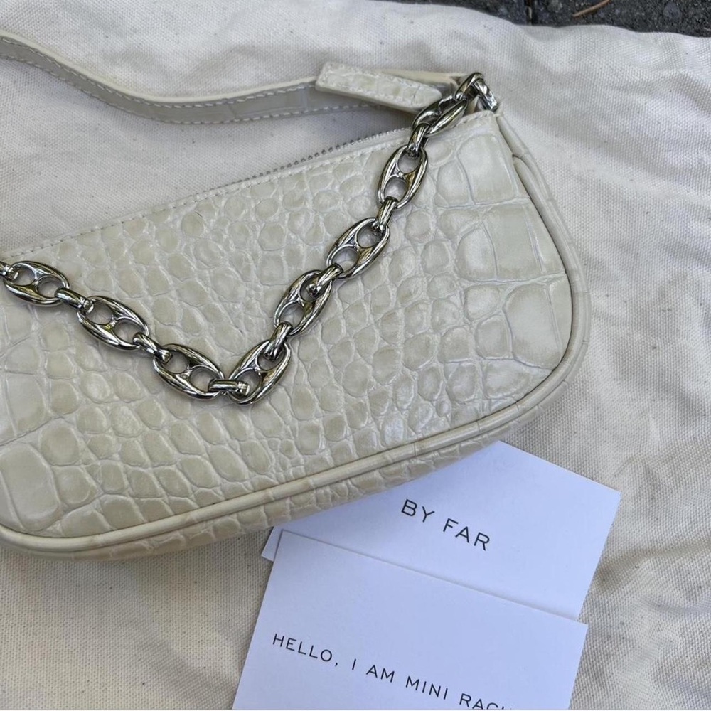 BY FAR Ivory Croc-Embossed Mini Bag with Silver Chain